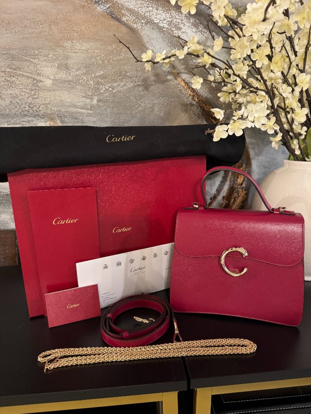Cartier Small Bag, Panthère C Cherry Red Golden Finish